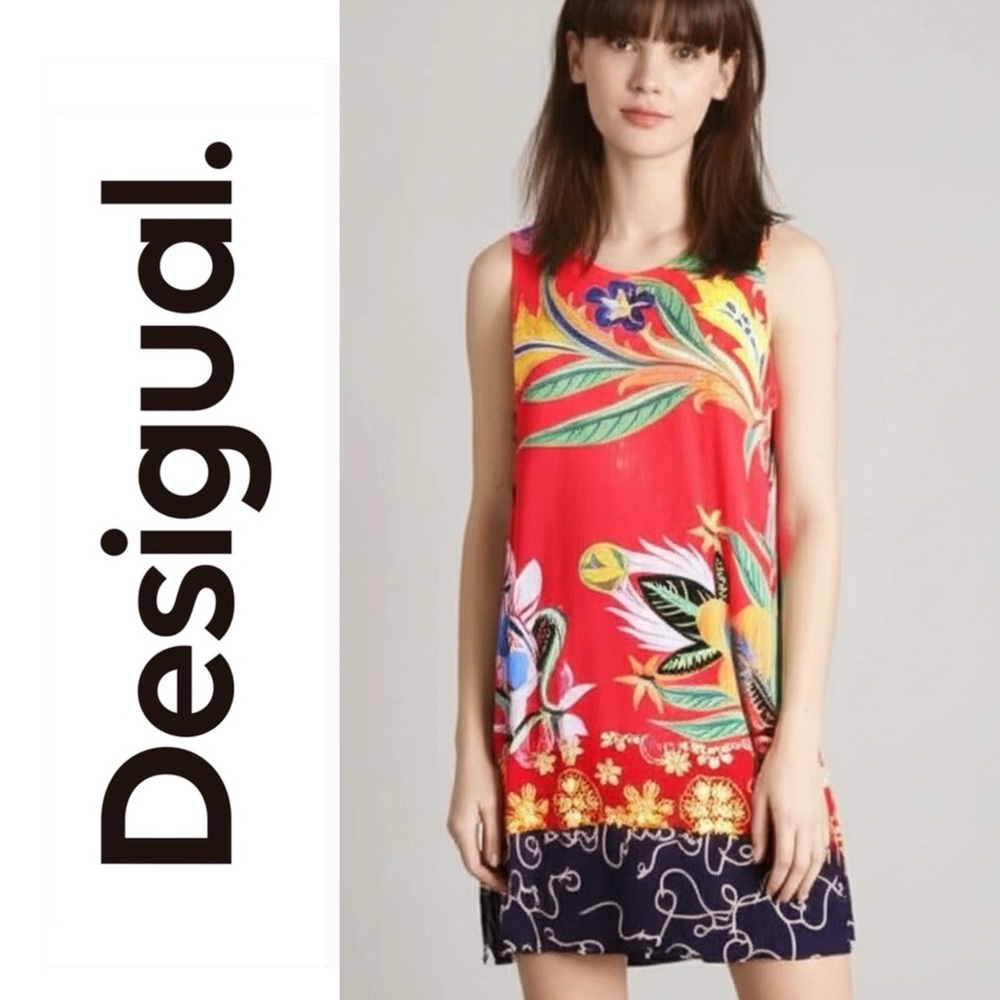 DESIGUAL Elena Red Vibrant Tropical Print Sleeveless Floral Dress Size Medium